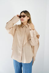 DARIA - Oversized shirt with removable scarf - Beige - Modestories