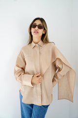 DARIA - Oversized shirt with removable scarf - Beige - Modestories