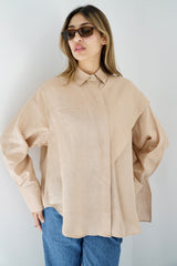 DARIA - Oversized shirt with removable scarf - Beige - Modestories