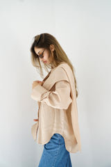 DARIA - Oversized shirt with removable scarf - Beige - Modestories