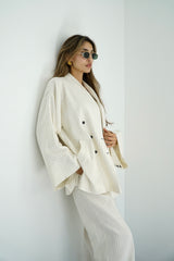 TARA - Tailored Matching Set - White with black stripes - Modestories