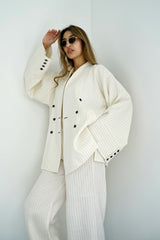 TARA - Tailored Matching Set - White with black stripes - Modestories