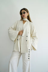 TARA - Tailored Matching Set - White with black stripes - Modestories