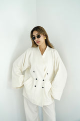 TARA - Tailored Matching Set - White with black stripes - Modestories