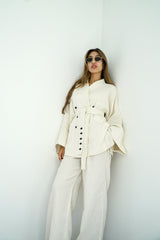 TARA - Tailored Matching Set - White with black stripes - Modestories