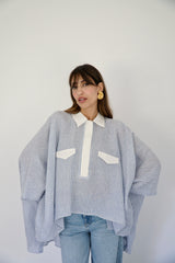 JOURI - CAPE CUT SHIRT - WHITE & BLUE