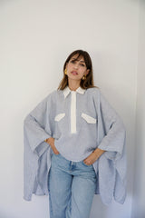JOURI - CAPE CUT SHIRT - WHITE & BLUE
