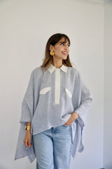 JOURI - CAPE CUT SHIRT - WHITE & BLUE