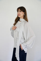 MARA - SHIRT WITH REMOVABLE SCARF - WHITE & DARK GREEN