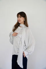 MARA - SHIRT WITH REMOVABLE SCARF - WHITE & DARK GREEN