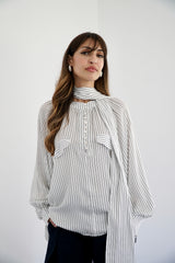 MARA - SHIRT WITH REMOVABLE SCARF - WHITE & DARK GREEN