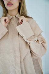 DARIA - Oversized shirt with removable scarf - Beige - Modestories