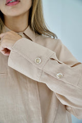 DARIA - Oversized shirt with removable scarf - Beige - Modestories